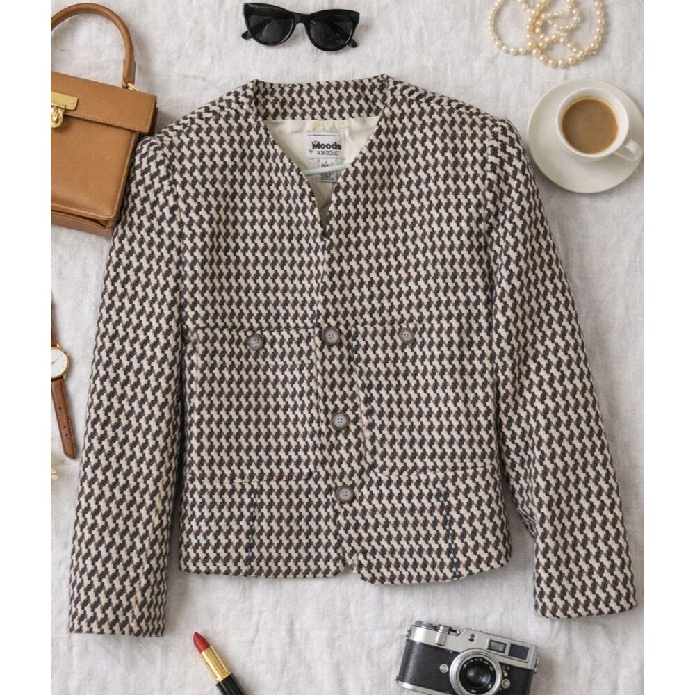 Vintage Moods by Krizia Wool Blend Cropped Blazer Houndstooth Textured Jacket